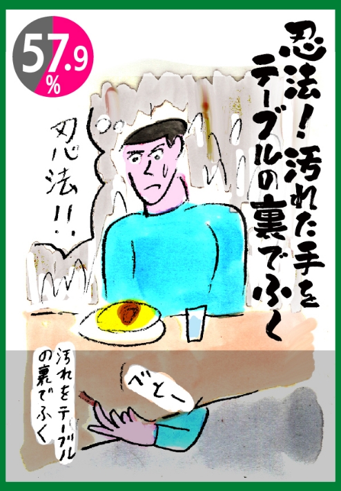忍法！汚れた手をテーブルの裏でふく